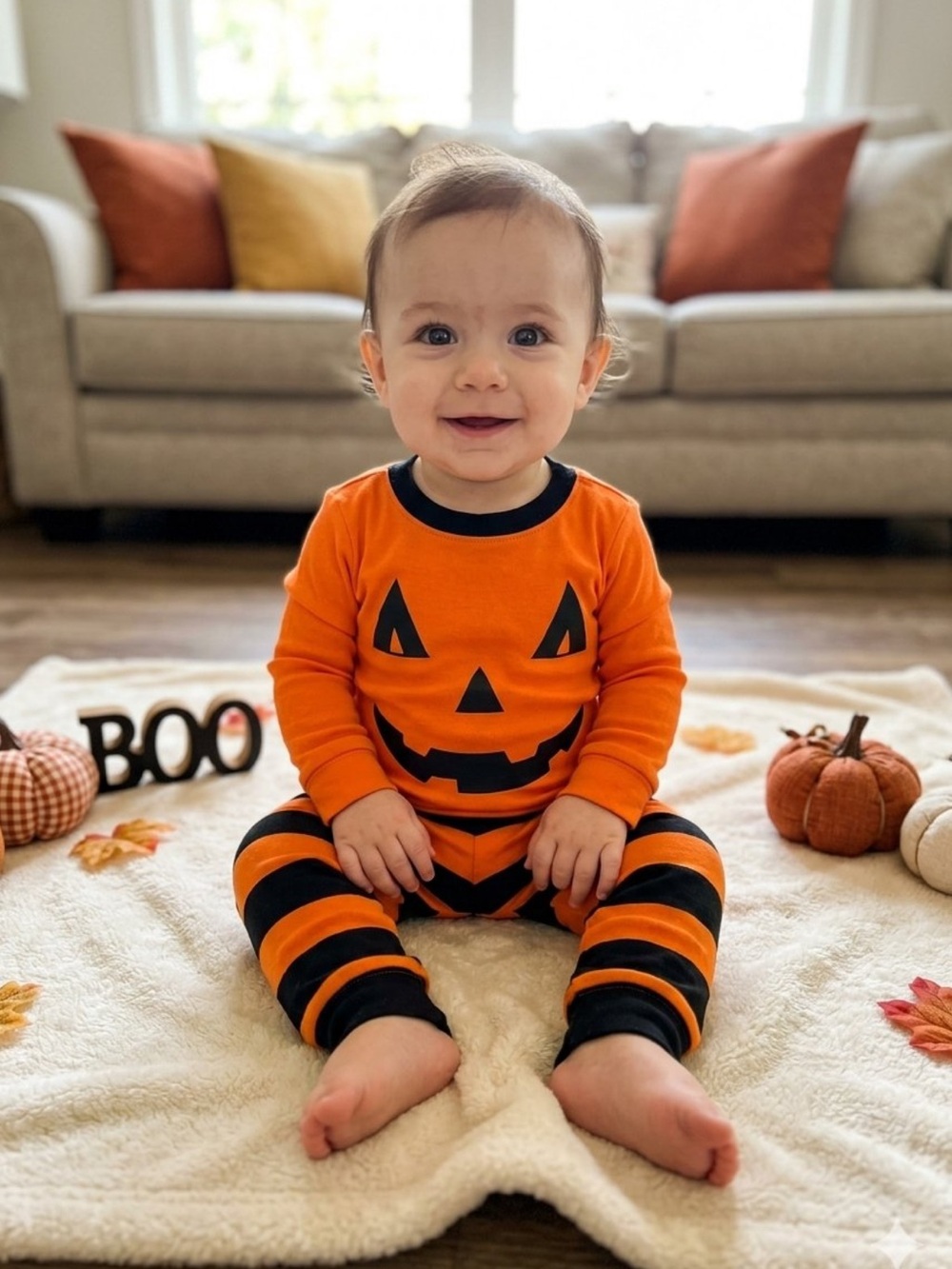 Children’s Place Pumpkin Face Long Sleeve Pajama Set 6-9 Months Cotton New